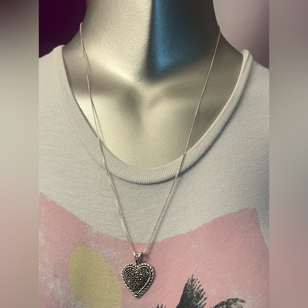 Sterling Marcacite Heart Necklace Box Link Chain 24"